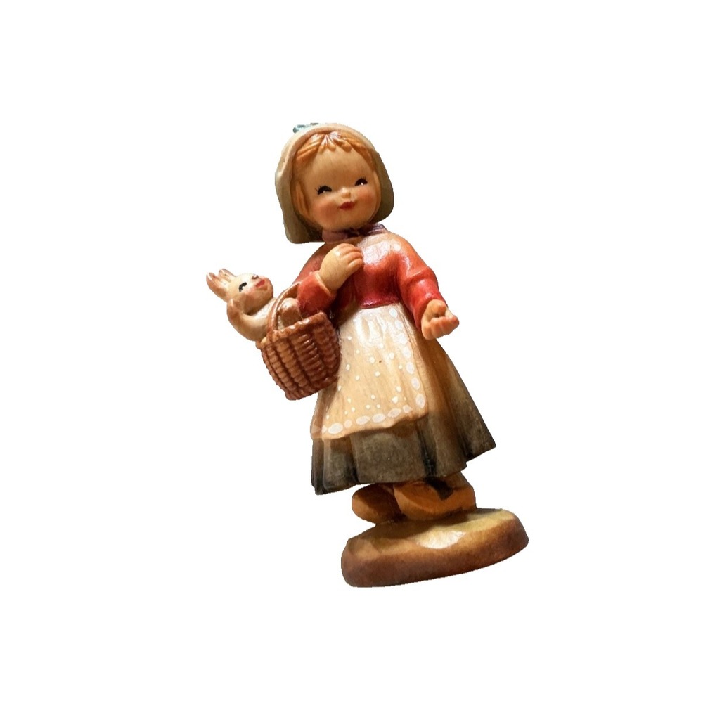 VINTAGE ANRI Girl Basket Rabbit 4" Hand carved Wood FIGURINE ~ ITALY Club #1